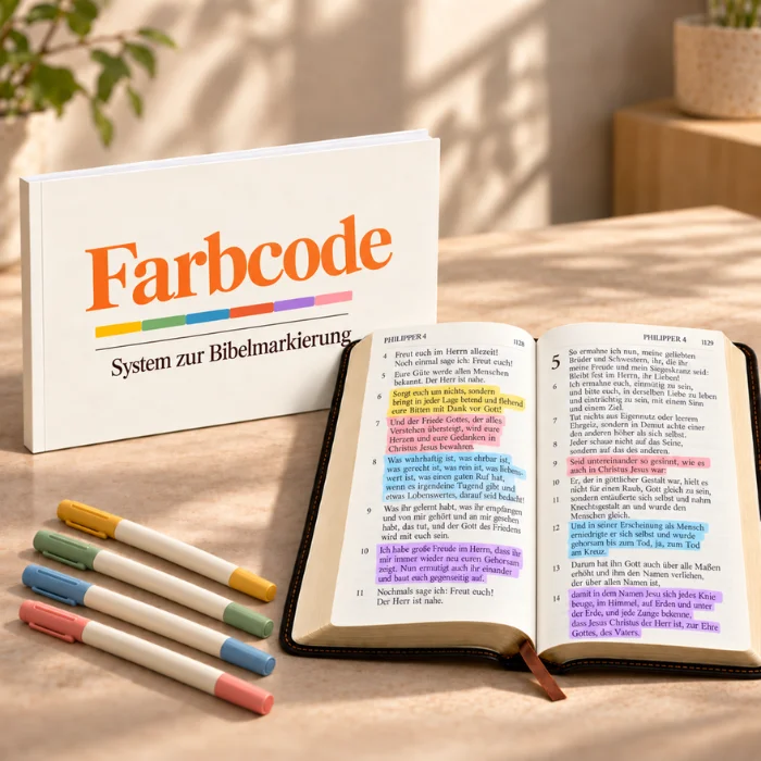 Der Bibel-Farbcode: Markierungssystem, neben einer aufgeschlagenen Bibel mit hervorgehobenen Versen und bunten Textmarkern.